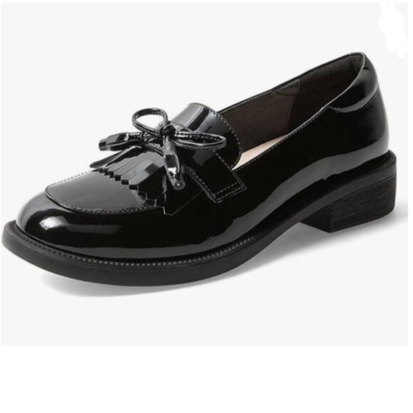 YDN Black Round Toe Tassel Pumps Bow Slip on Penny Loafers Chunky Low Heel Shoes - Picture 1 of 8